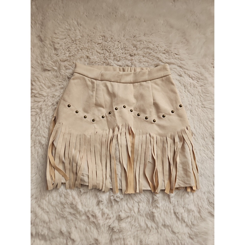 SHEIN MOD Faux Suede Fringe Mini Skirt Size S NWT Studded Western Boho Cream - Picture 12 of 12
